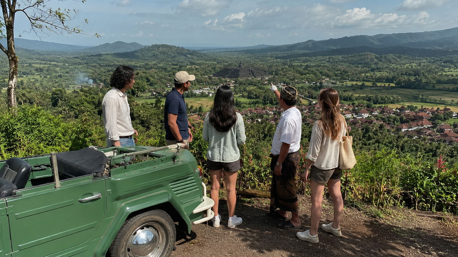 VW Safari Borobudur terparkir di tepi sawah dengan pemandangan perbukitan
