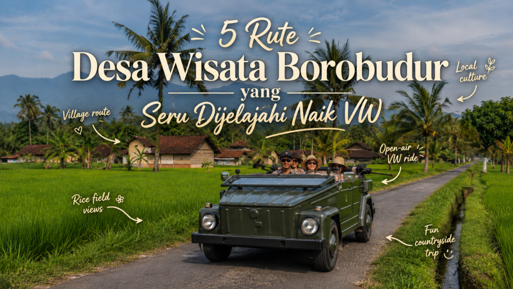 VW Safari Borobudur melintasi jalan desa dengan latar Gereja Ayam