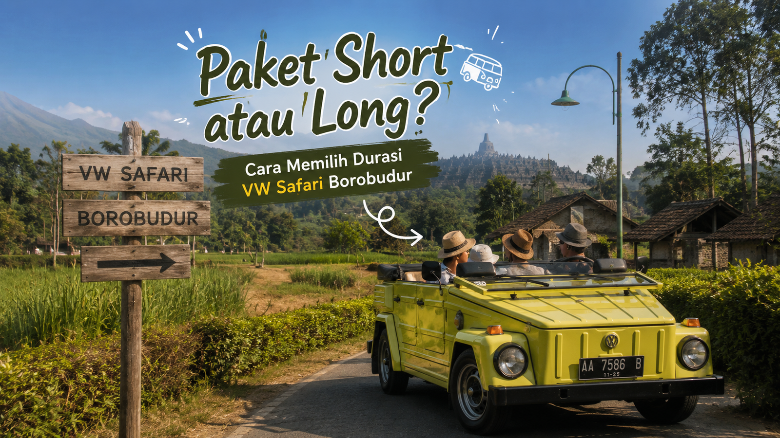 Paket VW Borobudur melewati Bukit Rhema dengan latar perbukitan Menoreh