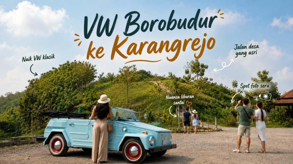 VW Safari Borobudur melintasi jalan desa Karangrejo dengan latar sawah
